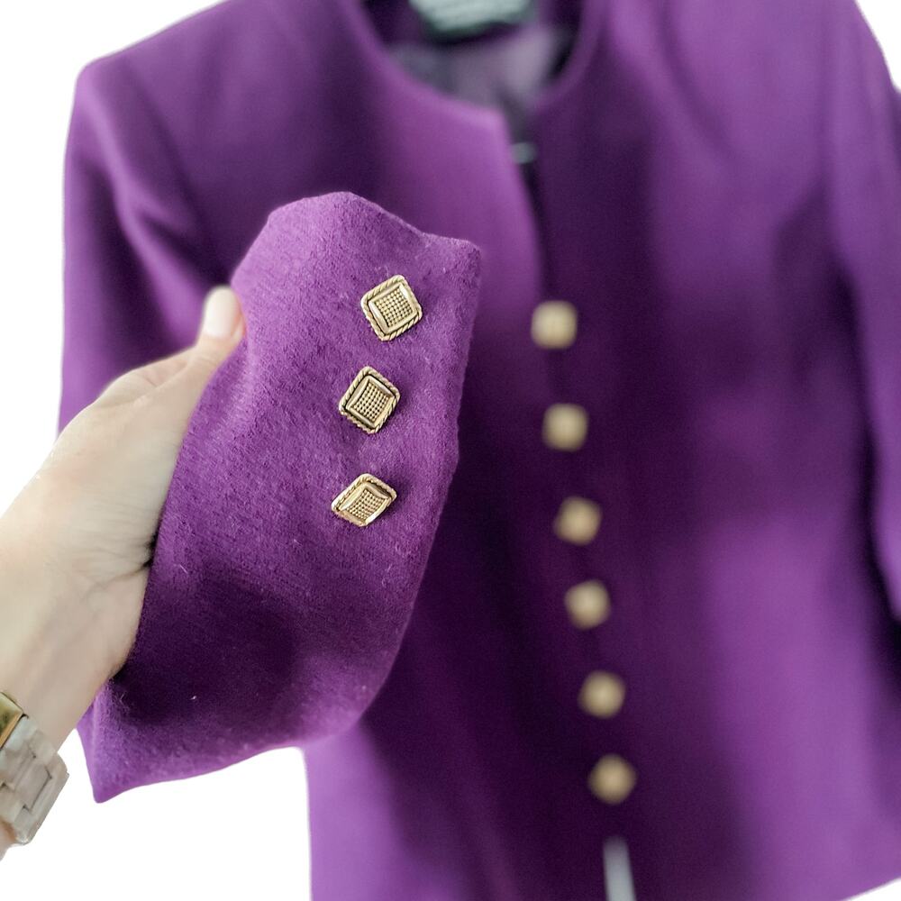 Herbert Grossman vintage 100% Wool Purple Collarless Blazer Jacket size 10P MP - Picture 4 of 8